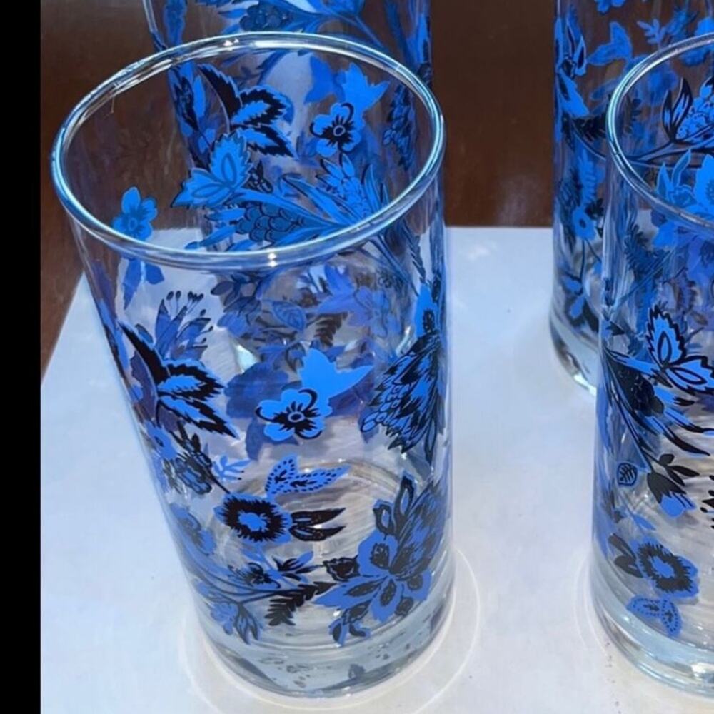 Set of 3 Cristar Mikonos Blue Floral Flowers Highball Tumbler Glasses - Picture 2 of 2